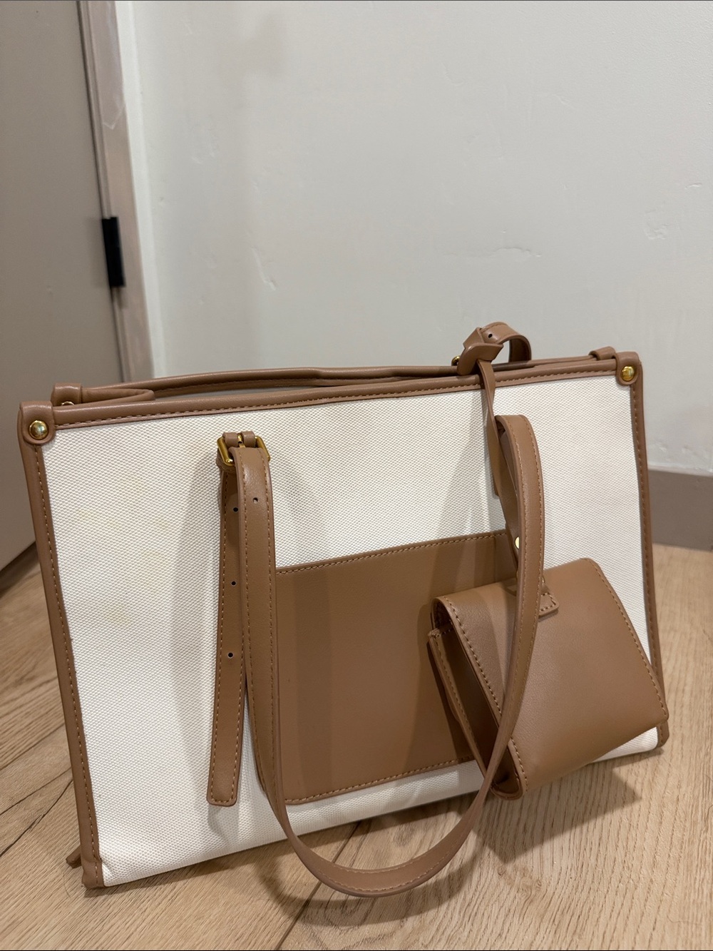 Miztique White Canvas Tote with Tan Leather Trim
